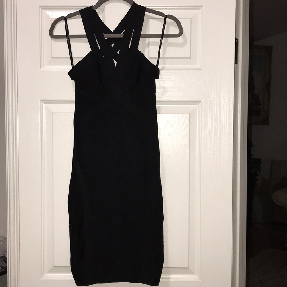 Black Bandage Bebe Open Cross Back Dress